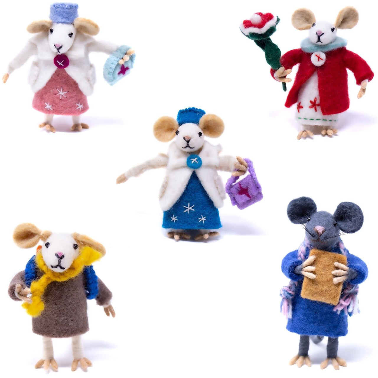 Set of 5 Handmade Wool Felt Mice Family Collectible Figurines for Christmas and Home Decor